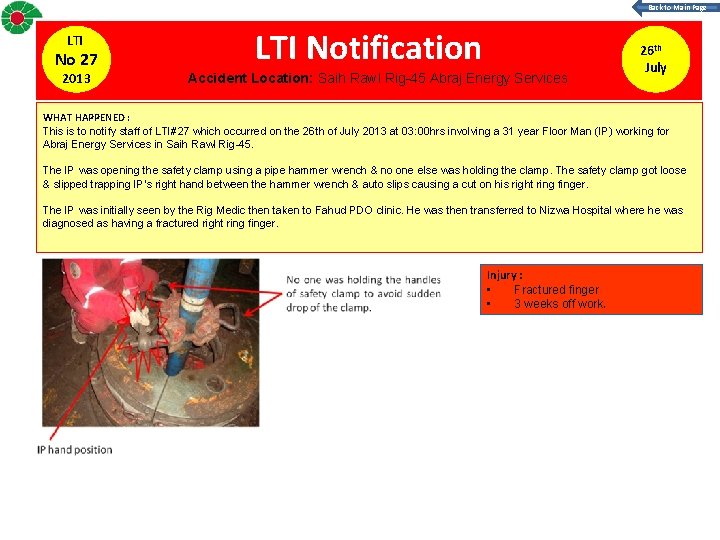 Back to Main Page LTI No 27 2013 LTI Notification Accident Location: Saih Rawl