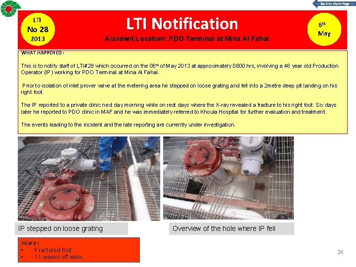 Back to Main Page LTI No 28 2013 LTI Notification Accident Location: PDO Terminal