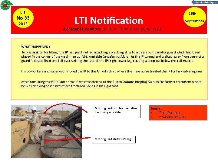 Back to Main Page LTI No 33 2013 26 th LTI Notification September Accident