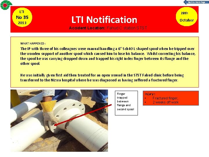 Back to Main Page LTI No 35 2013 28 th LTI Notification October Accident