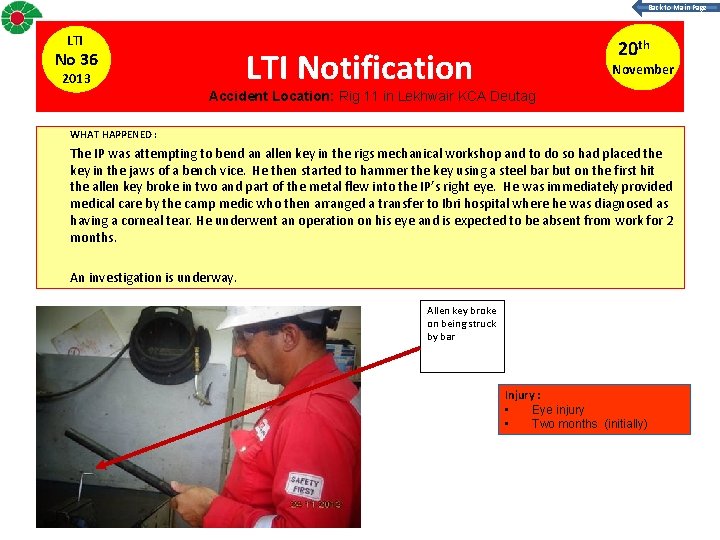 Back to Main Page LTI 20 th LTI Notification No 36 2013 November Accident