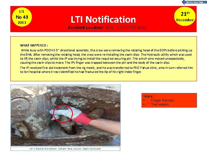 Back to Main Page LTI No 43 2013 21 th LTI Notification December Accident