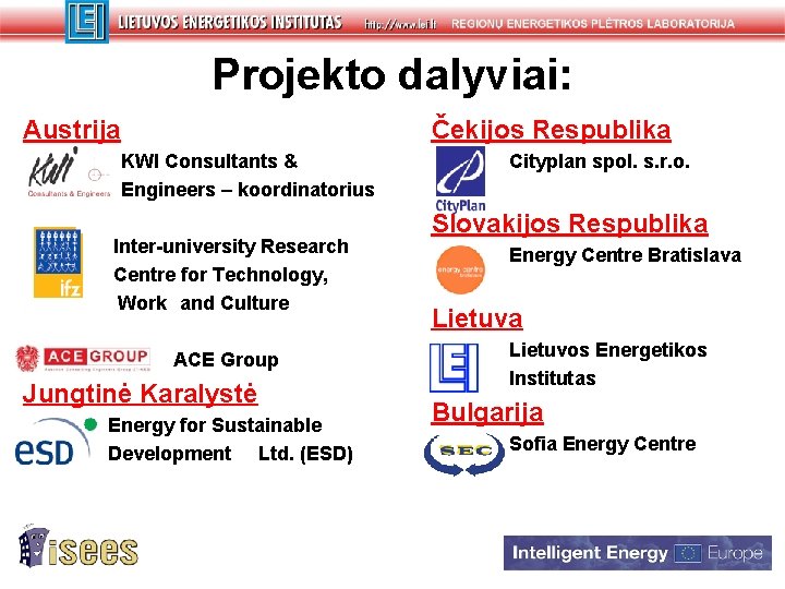 Projekto dalyviai: Austrija Čekijos Respublika KWI Consultants & Engineers – koordinatorius Inter-university Research Centre