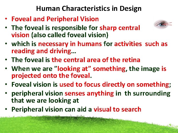 Human Characteristics in Design • Foveal and Peripheral Vision • The foveal is responsible