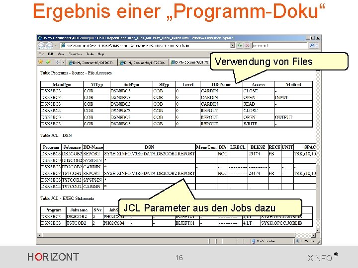 Ergebnis einer „Programm-Doku“ Verwendung von Files JCL Parameter aus den Jobs dazu HORIZONT 16 Ergebnis einer „Programm-Doku“ Verwendung von Files JCL Parameter aus den Jobs dazu HORIZONT 16