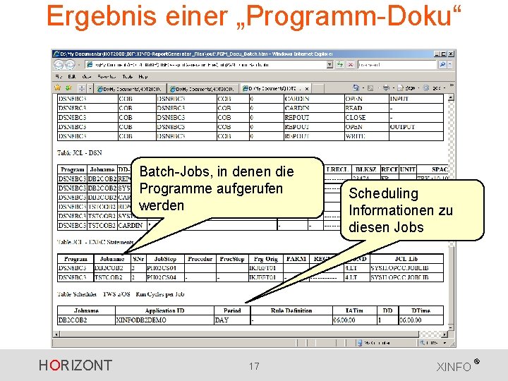 Ergebnis einer „Programm-Doku“ Batch-Jobs, in denen die Programme aufgerufen werden HORIZONT 17 Scheduling Informationen Ergebnis einer „Programm-Doku“ Batch-Jobs, in denen die Programme aufgerufen werden HORIZONT 17 Scheduling Informationen