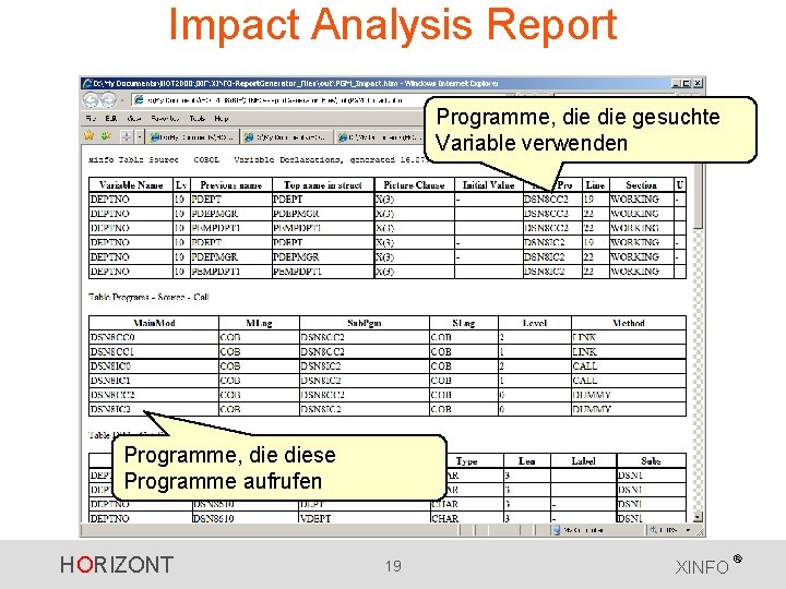 Impact Analysis Report Programme, die gesuchte Variable verwenden Programme, diese Programme aufrufen HORIZONT 19 Impact Analysis Report Programme, die gesuchte Variable verwenden Programme, diese Programme aufrufen HORIZONT 19
