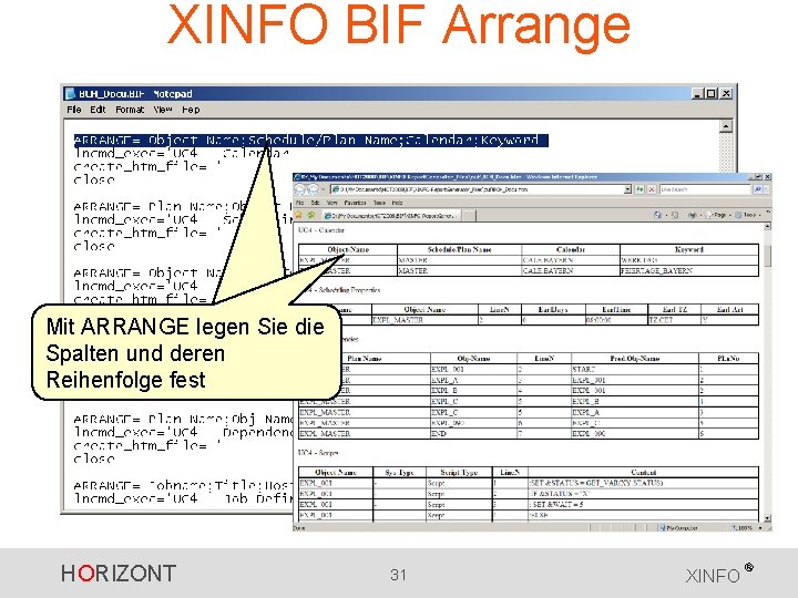 XINFO BIF Arrange Mit ARRANGE legen Sie die Spalten und deren Reihenfolge fest HORIZONT XINFO BIF Arrange Mit ARRANGE legen Sie die Spalten und deren Reihenfolge fest HORIZONT