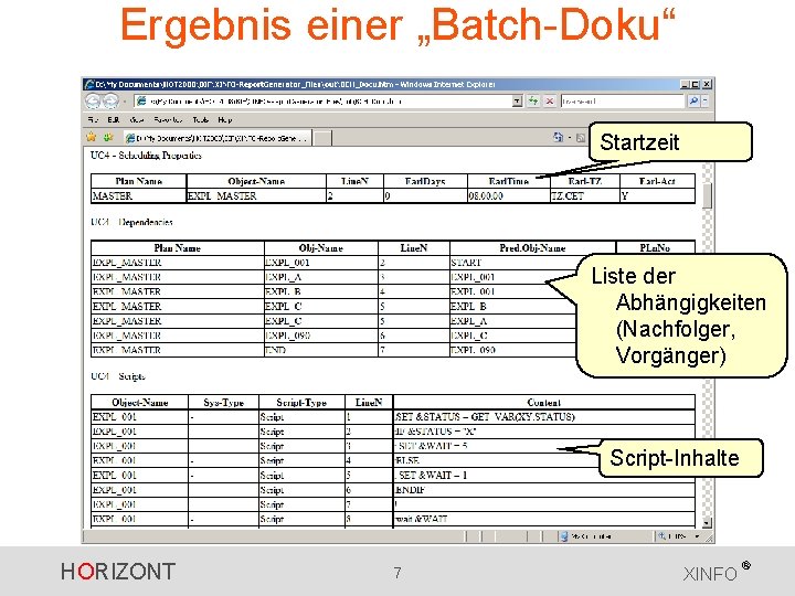 Ergebnis einer „Batch-Doku“ Startzeit Liste der Abhängigkeiten (Nachfolger, Vorgänger) Script-Inhalte HORIZONT 7 XINFO ® Ergebnis einer „Batch-Doku“ Startzeit Liste der Abhängigkeiten (Nachfolger, Vorgänger) Script-Inhalte HORIZONT 7 XINFO ®