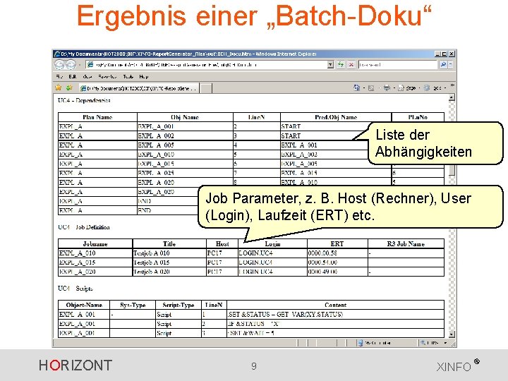 Ergebnis einer „Batch-Doku“ Liste der Abhängigkeiten Job Parameter, z. B. Host (Rechner), User (Login), Ergebnis einer „Batch-Doku“ Liste der Abhängigkeiten Job Parameter, z. B. Host (Rechner), User (Login),