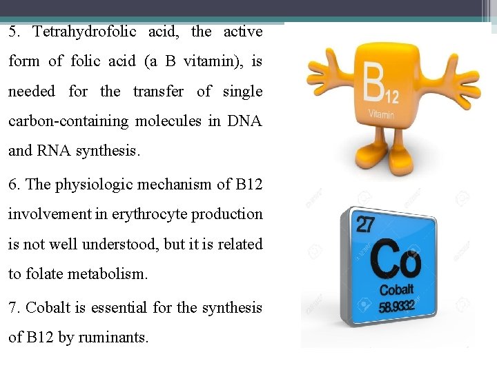 5. Tetrahydrofolic acid, the active form of folic acid (a B vitamin), is needed
