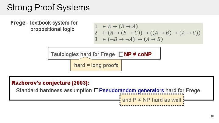 Strong Proof Systems Frege - textbook system for propositional logic Tautologies hard for Frege