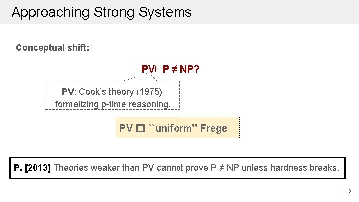Approaching Strong Systems Conceptual shift: PV⊢ P ≠ NP? PV: Cook’s theory (1975) formalizing