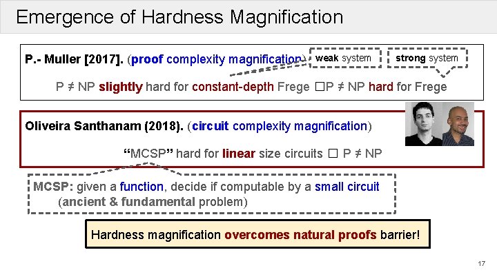 Emergence of Hardness Magnification P. - Muller [2017]. (proof complexity magnification) weak system strong