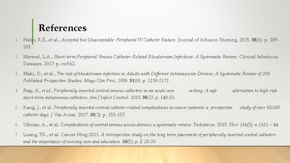 References 1. Helm, R. E. , et al. , Accepted but Unacceptable: Peripheral IV References 1. Helm, R. E. , et al. , Accepted but Unacceptable: Peripheral IV