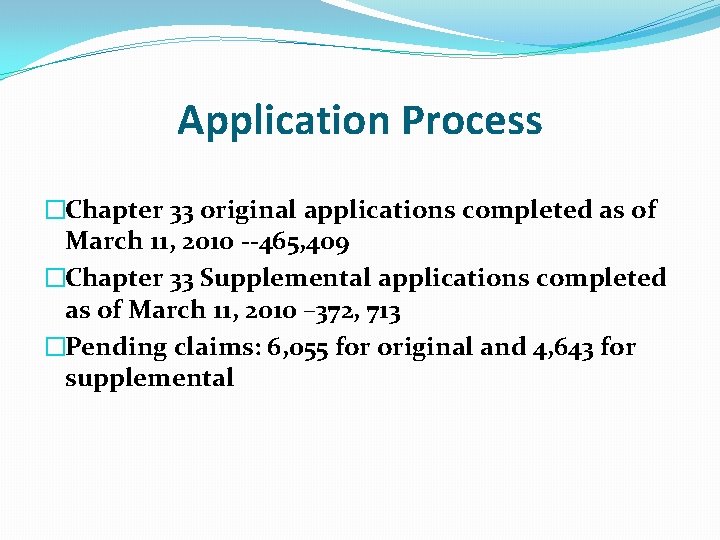 Application Process �Chapter 33 original applications completed as of March 11, 2010 --465, 409