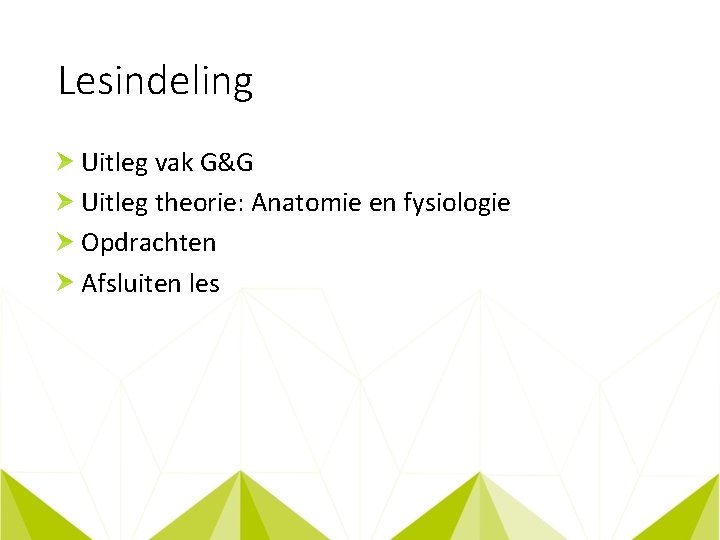 Lesindeling Uitleg vak G&G Uitleg theorie: Anatomie en fysiologie Opdrachten Afsluiten les 