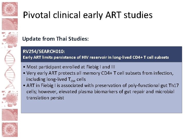 Pivotal clinical early ART studies Update from Thai Studies: RV 254/SEARCH 010: Early ART
