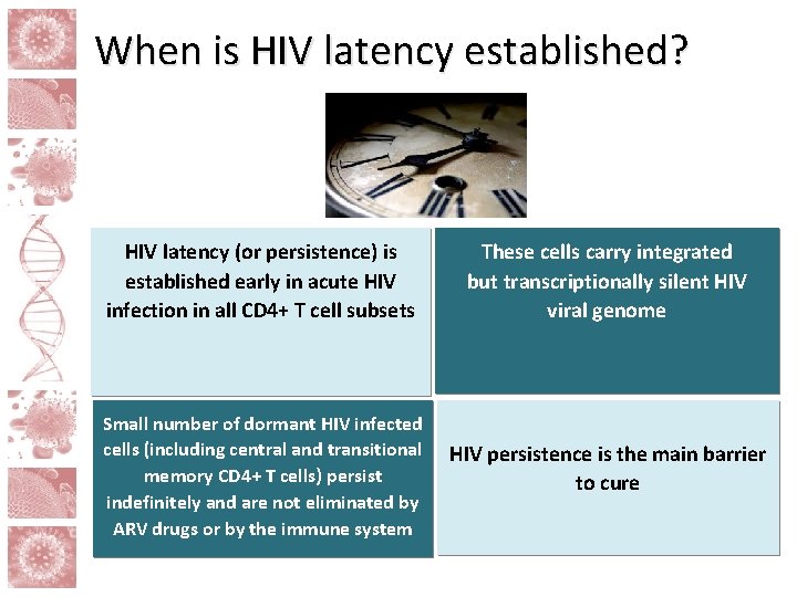 When is HIV latency established? HIV latency (or persistence) is established early in acute