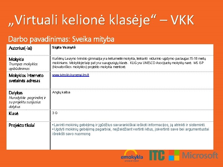 „Virtuali kelionė klasėje“ – VKK Darbo pavadinimas: Sveika mityba Autorius(-iai) Sigita Vaznytė Mokykla Kuršėnų