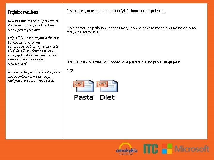 Projekto rezultatai Mokinių sukurtų darbų pavyzdžiai. Kokios technologijos ir kaip buvo naudojamos projekte? Kaip