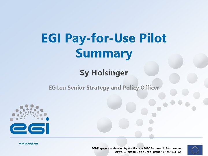 EGI Pay-for-Use Pilot Summary Sy Holsinger EGI. eu Senior Strategy and Policy Officer www.