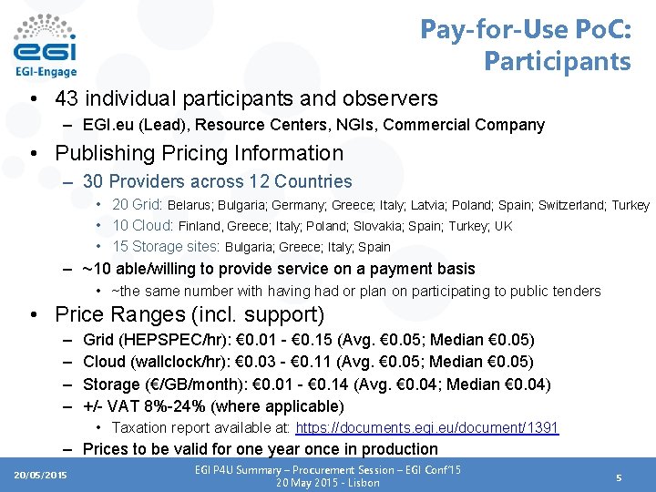 Pay-for-Use Po. C: Participants • 43 individual participants and observers – EGI. eu (Lead),