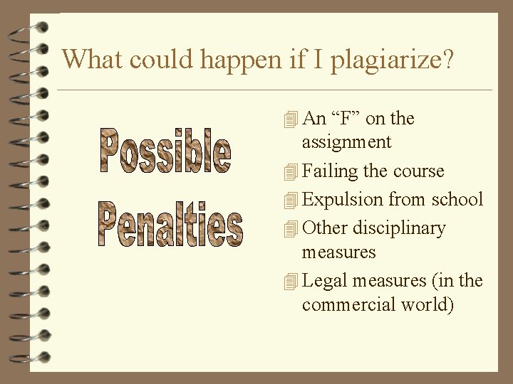 What could happen if I plagiarize? 4 An “F” on the assignment 4 Failing