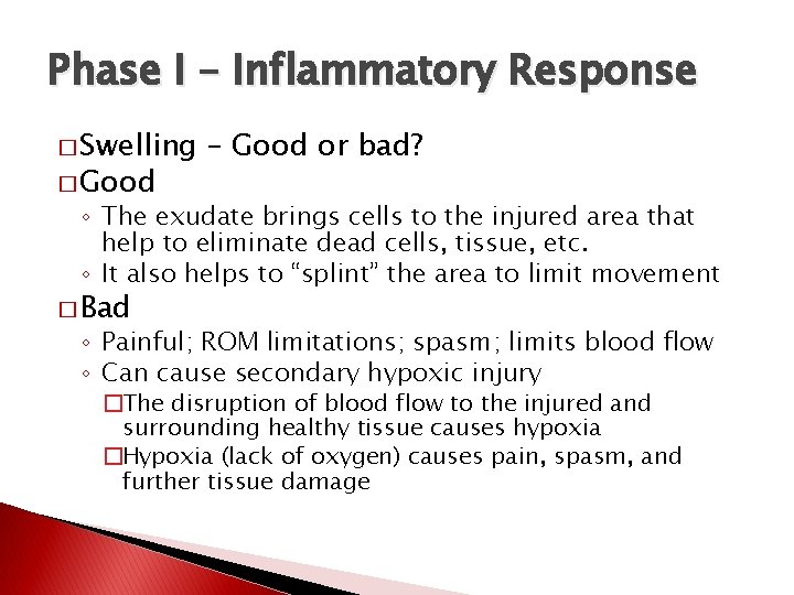 Phase I – Inflammatory Response � Swelling � Good – Good or bad? ◦