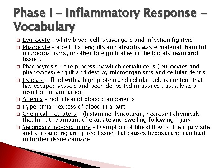 Phase I – Inflammatory Response Vocabulary � � � � Leukocyte – white blood