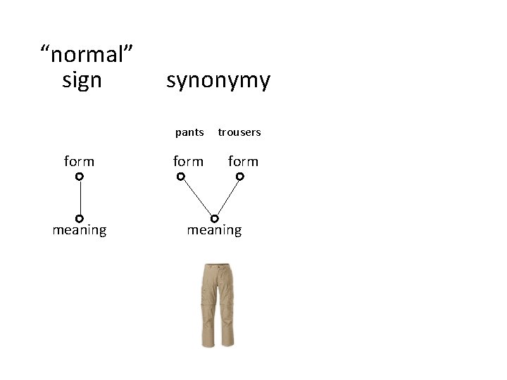 “normal” sign form meaning synonymy pants trousers form meaning homonymy & polysemy form meaning