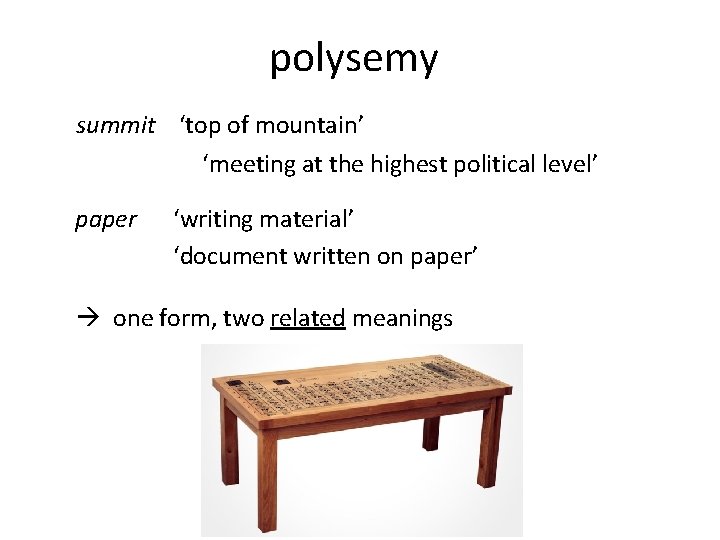 polysemy summit ‘top of mountain’ ‘meeting at the highest political level’ paper ‘writing material’