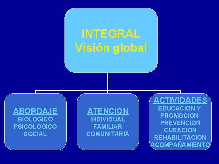INTEGRALIDAD Visión global ACTIVIDADES ABORDAJE ATENCION BIOLOGICO PSICOLOGICO SOCIAL INDIVIDUAL FAMILIAR COMUNITARIA EDUCACION Y