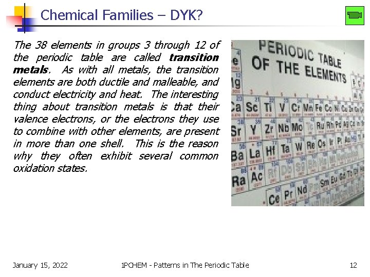 Chemical Families – DYK? The 38 elements in groups 3 through 12 of the