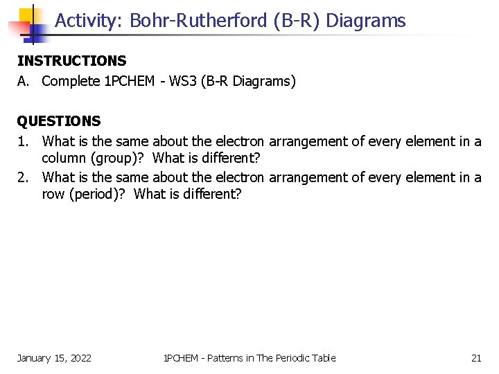Activity: Bohr-Rutherford (B-R) Diagrams INSTRUCTIONS A. Complete 1 PCHEM - WS 3 (B-R Diagrams)