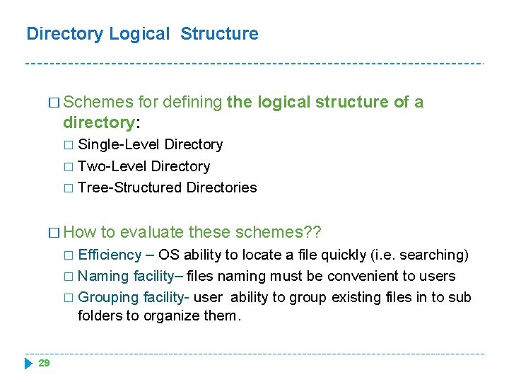 Directory Logical Structure � Schemes for defining the logical structure of a directory: Single-Level