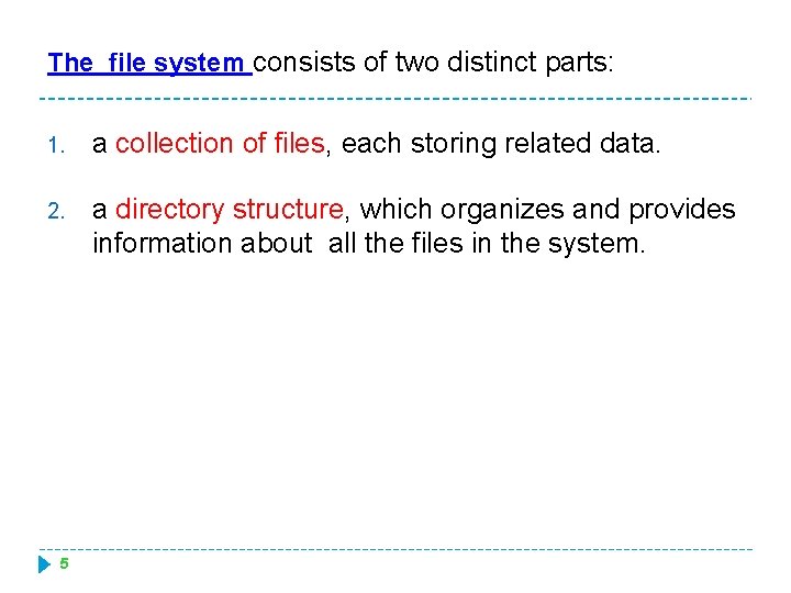 The file system consists of two distinct parts: 1. a collection of files, each