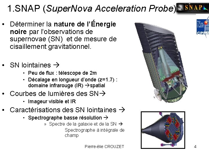 1. SNAP (Super. Nova Acceleration Probe) • Déterminer la nature de l’Énergie noire par