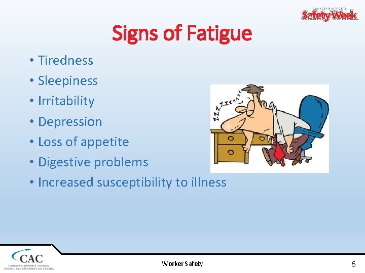 Signs of Fatigue • Tiredness • Sleepiness • Irritability • Depression • Loss of