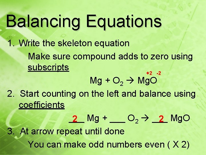 Balancing Equations 1. Write the skeleton equation Make sure compound adds to zero using