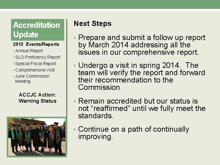 Accreditation Update 2013 Events/Reports • Annual Report • SLO Proficiency Report • Special Fiscal