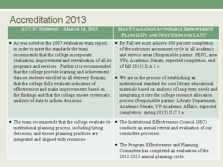 Accreditation 2013 ACCJC FINDINGS --MARCH 14, 2013 SELF-EVALUATION ACTIONABLE IMPROVEMENT PLANS (AIP) AND NEXT