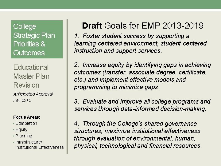 Draft Goals for EMP 2013 -2019 College Strategic Plan Priorities & Outcomes 1. Foster