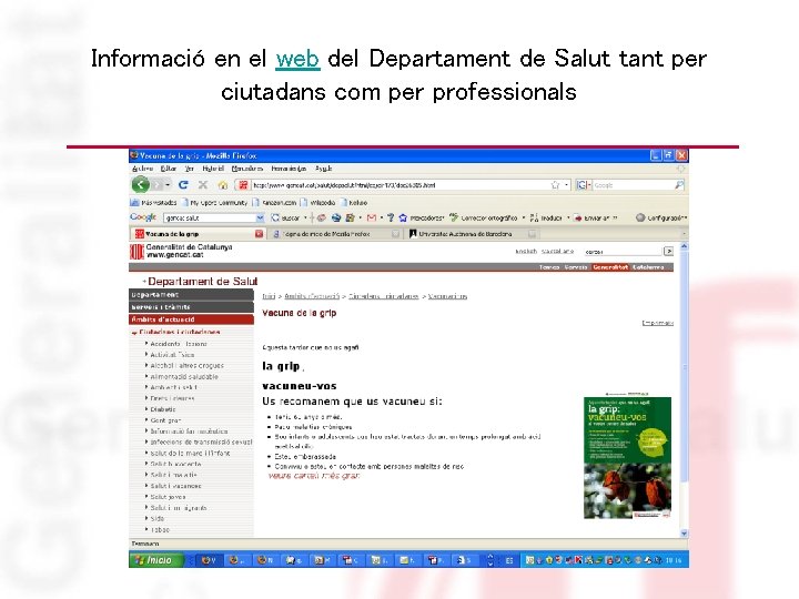 Informació en el web del Departament de Salut tant per ciutadans com per professionals