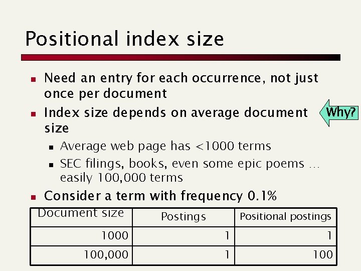 Positional index size n n Need an entry for each occurrence, not just once