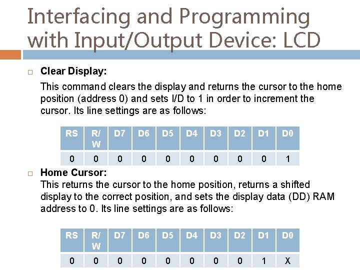 Interfacing and Programming with Input/Output Device: LCD Clear Display: This command clears the display