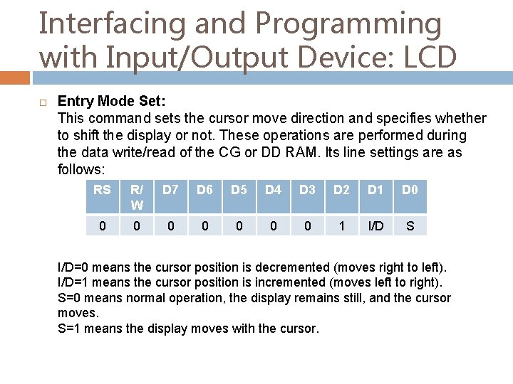 Interfacing and Programming with Input/Output Device: LCD Entry Mode Set: This command sets the