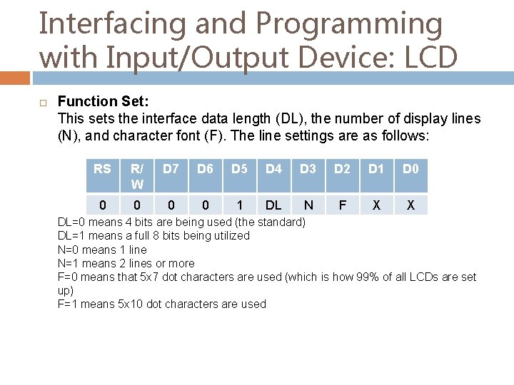 Interfacing and Programming with Input/Output Device: LCD Function Set: This sets the interface data