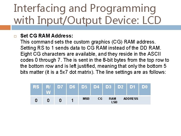 Interfacing and Programming with Input/Output Device: LCD Set CG RAM Address: This command sets