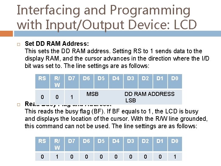 Interfacing and Programming with Input/Output Device: LCD Set DD RAM Address: This sets the
